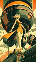 illustration of woman with future technology in retro futuristic 30s style poster ,generative ai photo