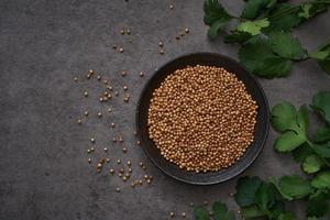 dry coriander seed in plate spice and leaf or leaves on black background. dry coriander seed in plate spice and leaf or leaves on black background dark mood. coriander seed and leaves photo