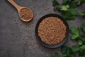 dry coriander seed in plate spoon spice and leaf or leaves on black background. dry coriander seed in plate spice and leaf or leaves on black background dark mood. coriander seed and leaves photo