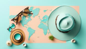 Straw hat, map, sunglasses and magnifying glass on blue background, photo