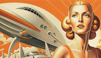 ilustración de mujer y transporte con futuro tecnología en retro futurista 30s estilo póster ,generativo ai foto