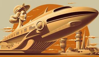 illustration of woman and transport with future technology in retro futuristic 30s style poster , photo