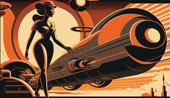 illustration of woman and transport with future technology in retro futuristic 30s style poster , photo