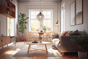 Modern interior japandi style design livingroom. Lighting and sunny scandinavian apartment with plaster and wood . photo
