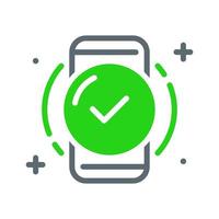 done, all steps or processes complete, successfully, check mark on smartphone screen concept illustration line icon design vector eps10. modern graphic element for empty state ui, infographic