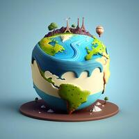 Earth shaped birthday cake 3d illustration , photo