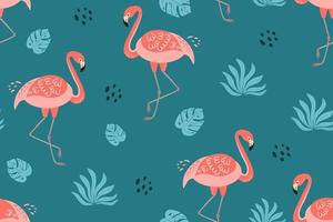 Flamingo pattern Seamless tropical print. Cute pink flamingo, tropical leaves on blue. Summer textile background in cartoon style Tropical bird simple pattern texture art design Flamingo illustration. vector