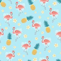 Flamingo seamless pattern. Tropical print. Cute pineapple flowers on green mentol background. Funny summer pattern. Pink flamingo illustration for textile, wallpaper, decorative fabric design. vector