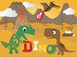 vector cartoon of dinosaurs with alphabets on volcanoes background, prehistoric elements