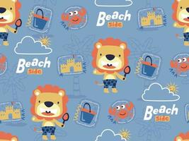 seamless pattern of beach holiday elements cartoon with funny lion and crab vector