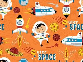 seamless pattern of outer space elements cartoon with little astronaut vector