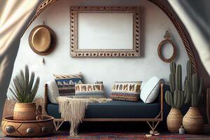 Mockup frame in nomadic boho interior background with rustic decor . photo