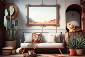 Mockup frame in nomadic boho interior background with rustic decor . photo