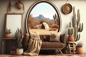 Mockup frame in nomadic boho interior background with rustic decor . photo