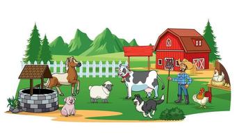 farmer and animals in the farm yard vector