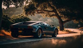 illustration of a sport car on a lonely road with a view of trees , photo