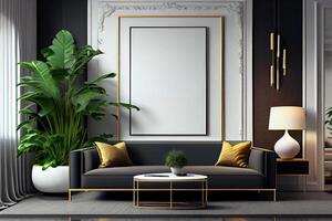 Mockup poster frame on the wall of living room. Luxurious apartment background with contemporary design. Modern interior design . photo