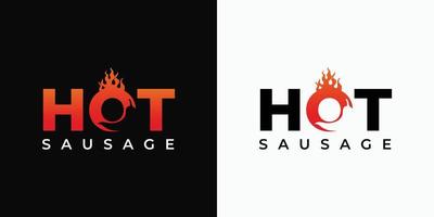 Hot sausage typography logo design with fire flame. vector
