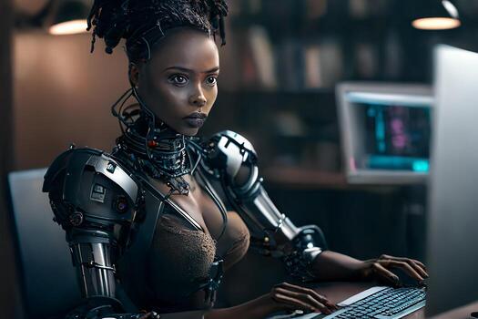 A dark-skinned female robot at the computer in the office. ChatGPT artificial intelligence system, Chat Bot AI , smart robotics Ai. photo