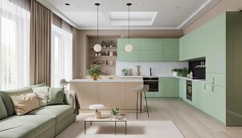 moderno casa interior de vivo habitación y un cocina en beige y verde colores. generativo ai foto