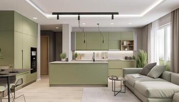 Modern house interior of living room and a kitchen in beige and green colors. photo