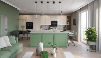 Modern house interior of living room and a kitchen in beige and green colors. photo