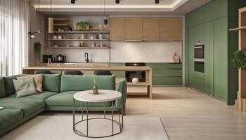 Modern house interior of living room and a kitchen in beige and green colors. photo