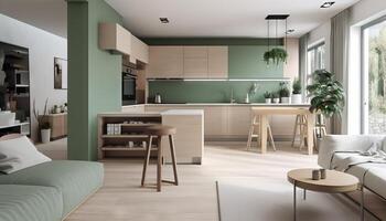 Modern house interior of living room and a kitchen in beige and green colors. photo