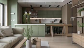 Modern house interior of living room and a kitchen in beige and green colors. photo