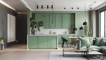 Modern house interior of living room and a kitchen in beige and green colors. photo