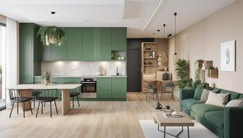 Modern house interior of living room and a kitchen in beige and green colors. photo