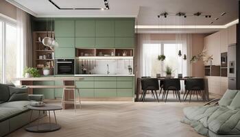 Modern house interior of living room and a kitchen in beige and green colors. photo