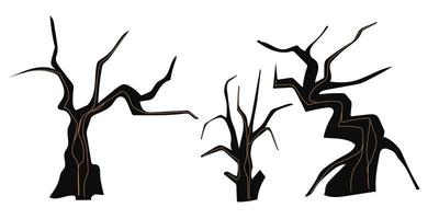 Dead tree vector set, spooky autumn bark, dry naked branch silhouette, scary halloween forest. Winter graveyard oak wood kit, leafless trunk clipart on white, bare roots. Dead tree environment icon