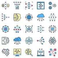 Artificial Neural Network colored icons. AI and Deep Learning vector signs