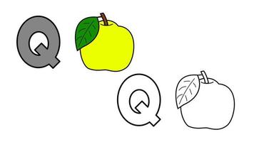 Cartoon quince fruit and letter Q coloring book vector illustration for children