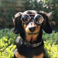 Cute dog wearing sunglasses on sunny day photo