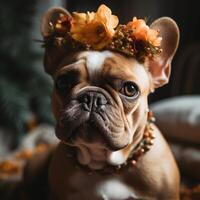 Cute bulldog wearing wreath of flowers photo