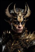 masculino demonio guerrero en negro y oro armadura foto