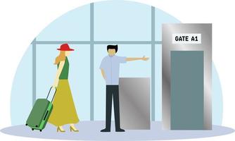 Vector of a security worker welcoming the passengers at the airport terminal.