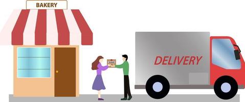 man delivery supplies to the bakery vector graphic illustration, delivery inventory stock to every store, Delivery home and office, send bread and pastry logistics, bakery shop inventory stock