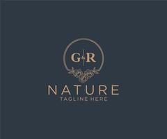 initial GR letters floral frames. Botanical feminine editable premade monoline unique decoration for greeting card, wedding invitation. vector
