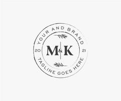 initial MK letters floral frames. Botanical feminine editable premade monoline unique decoration for greeting card, wedding invitation. vector