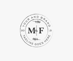 initial MF letters floral frames. Botanical feminine editable premade monoline unique decoration for greeting card, wedding invitation. vector