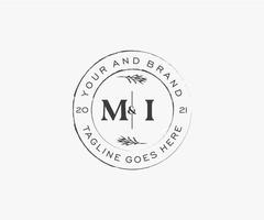 initial MI letters floral frames. Botanical feminine editable premade monoline unique decoration for greeting card, wedding invitation. vector