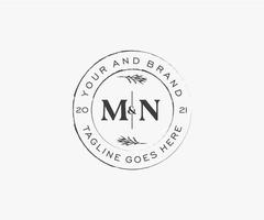 initial MN letters floral frames. Botanical feminine editable premade monoline unique decoration for greeting card, wedding invitation. vector