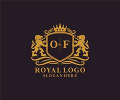 Initial OF Letter Lion Royal Luxury Logo template in vector art for Restaurant, Royalty, Boutique, Cafe, Hotel, Heraldic, Jewelry, Fashion and other vector illustration.