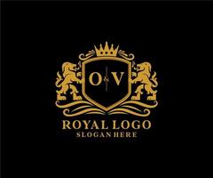 Initial OV Letter Lion Royal Luxury Logo template in vector art for Restaurant, Royalty, Boutique, Cafe, Hotel, Heraldic, Jewelry, Fashion and other vector illustration.