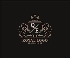 Initial QE Letter Lion Royal Luxury Logo template in vector art for Restaurant, Royalty, Boutique, Cafe, Hotel, Heraldic, Jewelry, Fashion and other vector illustration.