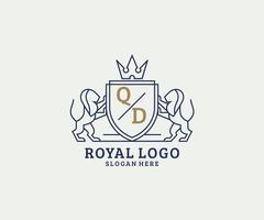 Initial QD Letter Lion Royal Luxury Logo template in vector art for Restaurant, Royalty, Boutique, Cafe, Hotel, Heraldic, Jewelry, Fashion and other vector illustration.