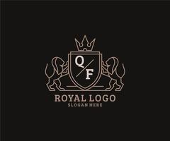 Initial QF Letter Lion Royal Luxury Logo template in vector art for Restaurant, Royalty, Boutique, Cafe, Hotel, Heraldic, Jewelry, Fashion and other vector illustration.